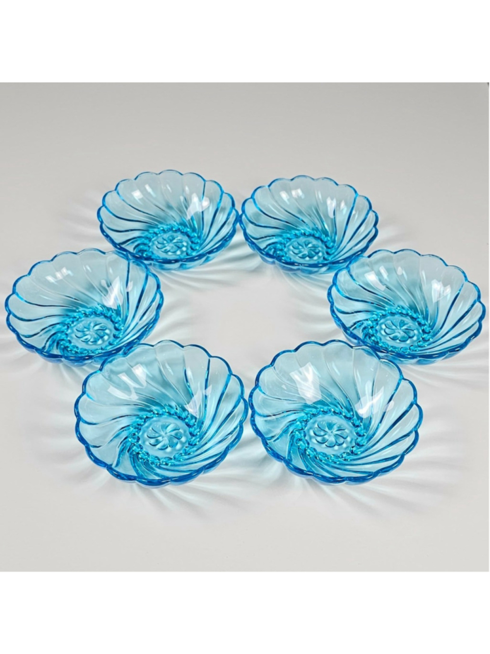 Vintage Hazel Atlas Capri Blue Swirl Glass Berry Bowls Set of 6 MCM Seashell